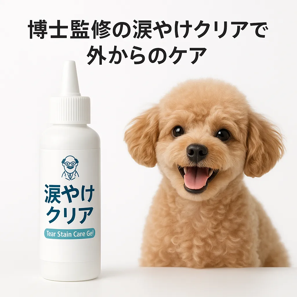 「涙やけケア用ジェルと小型犬の実写風イメージ」