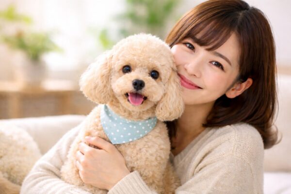 クリーム色の毛並みをしたトイプードルを優しく抱く日本人女性が、自然光の入る室内で穏やかな笑顔を見せている様子