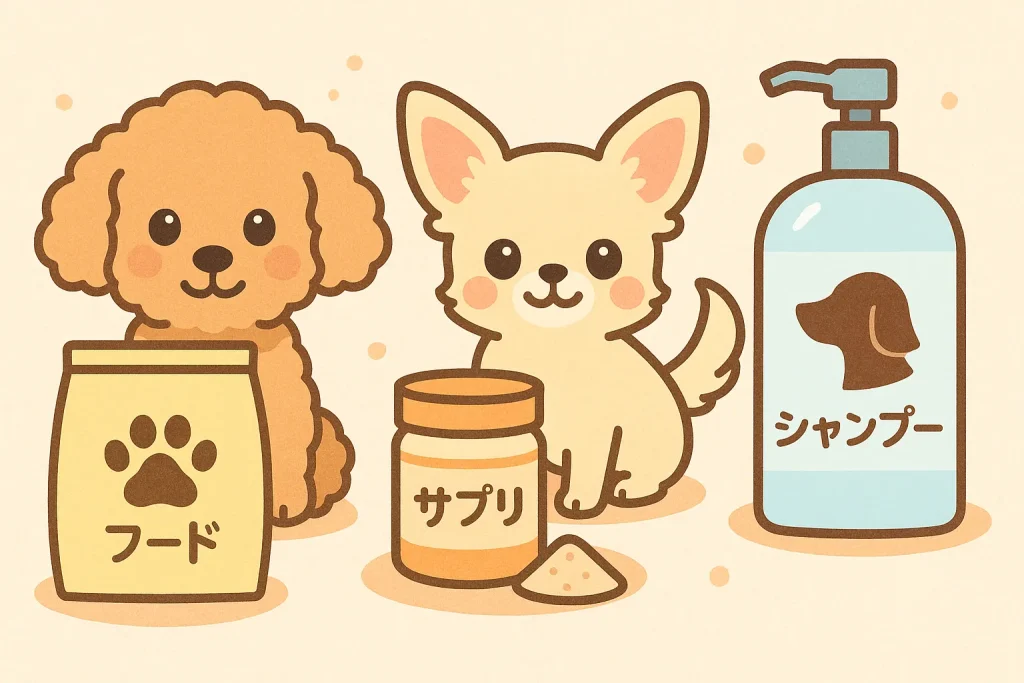 アプリコットプードルとチワワのイラスト。隣に「フード」「サプリ」「シャンプー」のアイコンが並ぶ、毛並み改善アイテム比較イラスト。