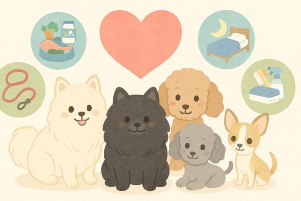 白ポメラニアン・黒ポメラニアン・アプリコットプードル・シルバートイプードル・チワワが、食事・お散歩・睡眠・お手入れのアイコンに囲まれた優しいタッチのイラストビジュアル