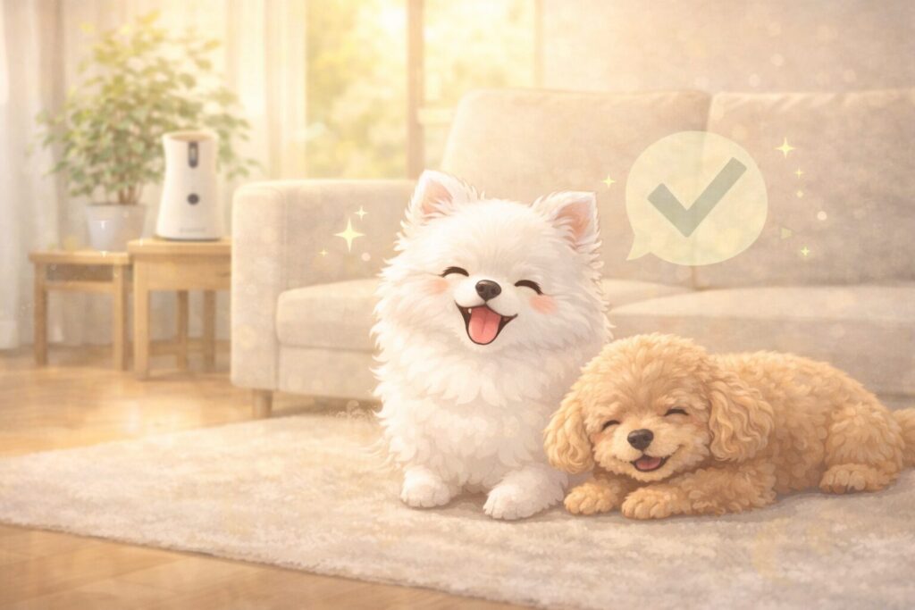 白ポメラニアンとアプリコットプードルがリビングで安心してくつろぐ可愛いイラスト