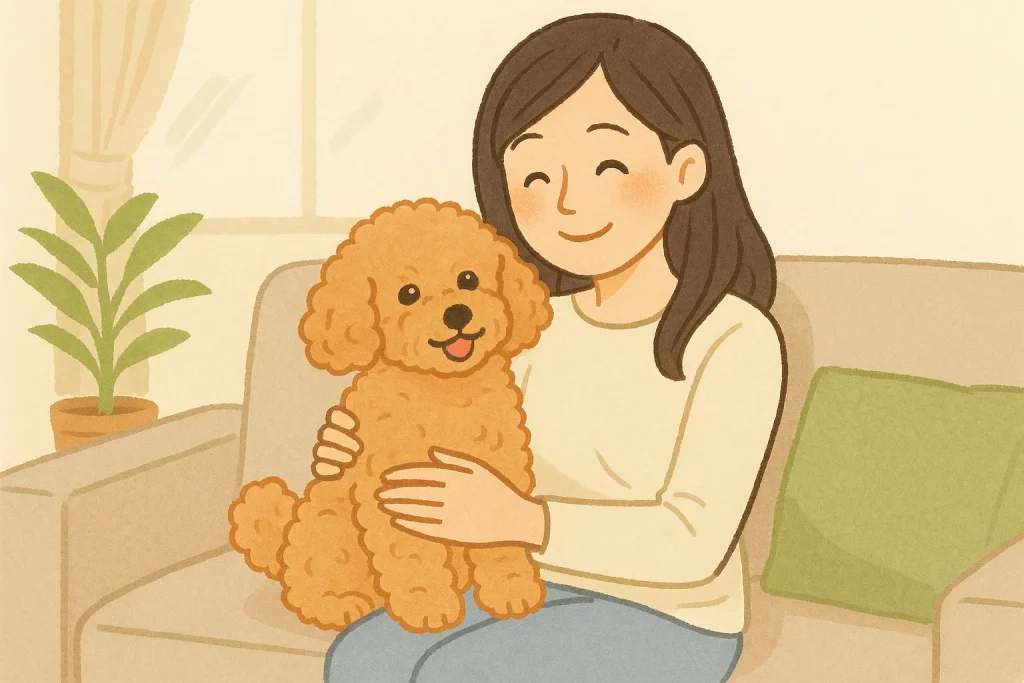 日本人女性がアプリコットトイプードルを抱きしめているイラスト