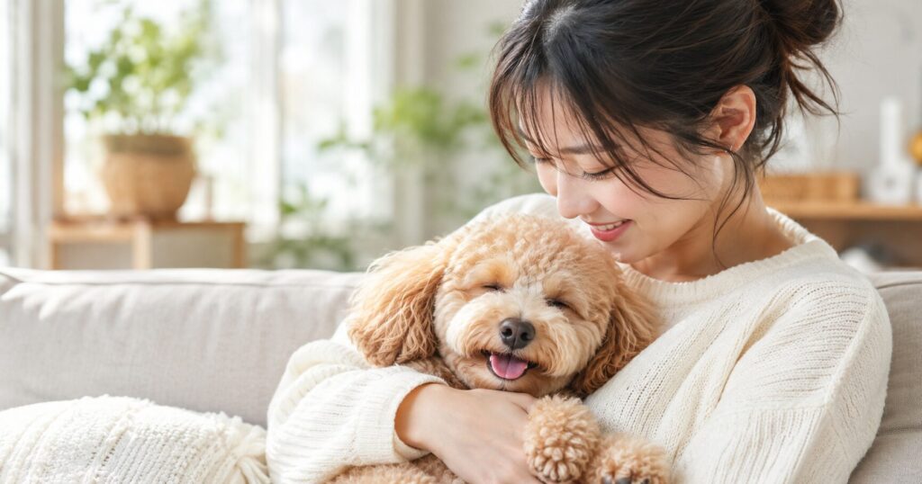 飼い主と安心して寄り添う犬