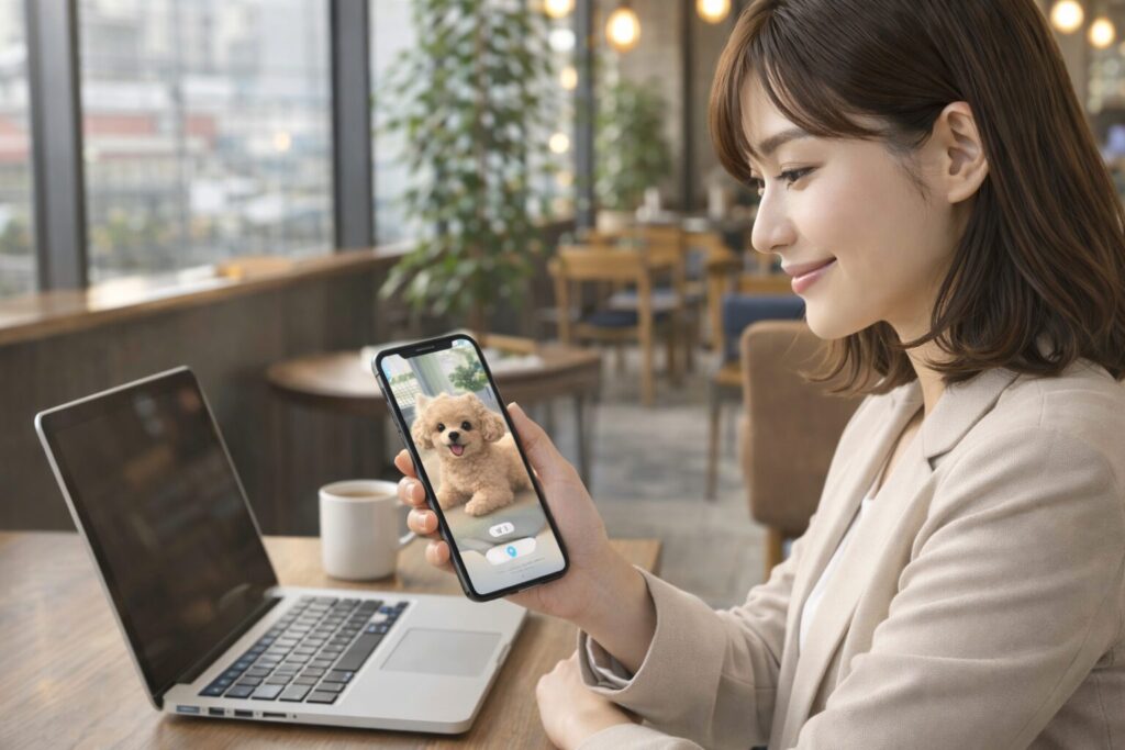 カフェでスマホを操作する日本人女性が見守りカメラ越しに愛犬を確認している様子