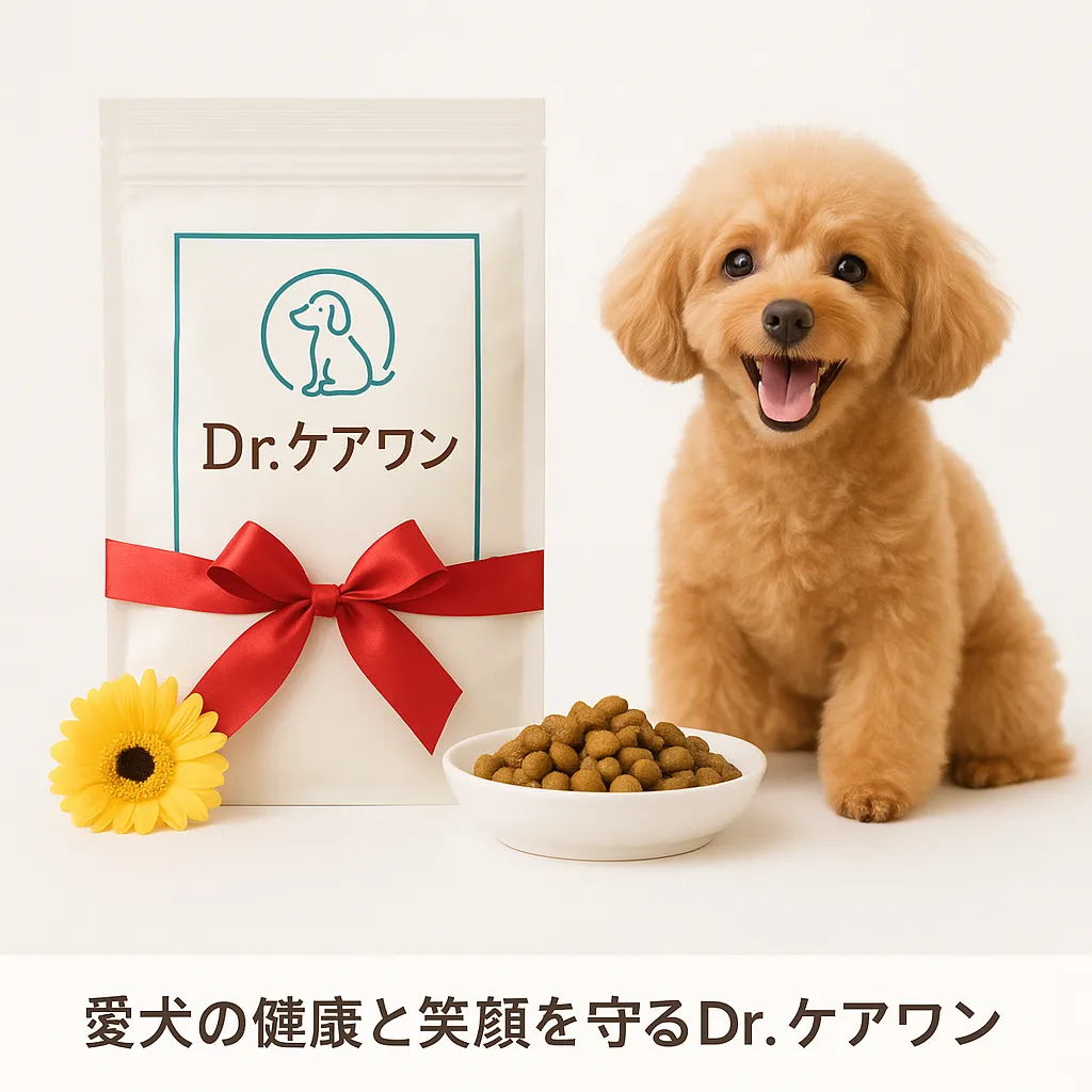 Dr.ケアワンのパッケージと小型犬。涙やけ対策に特化した国産無添加ドッグフード