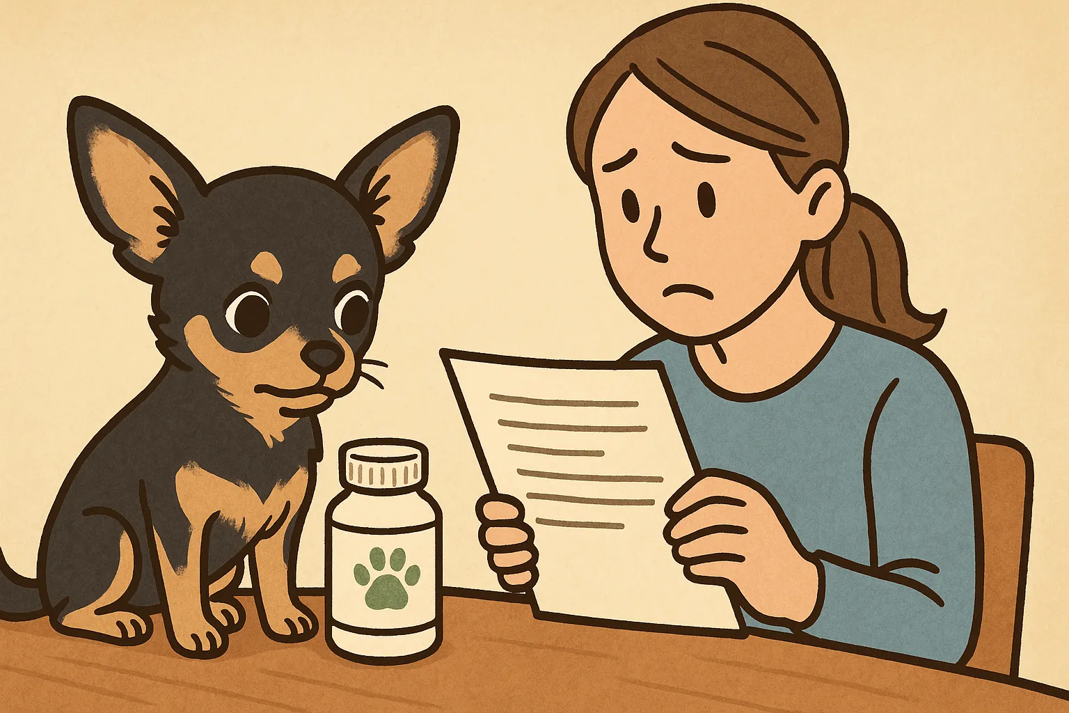 サプリの前で説明書を読む飼い主とチワワのイラスト