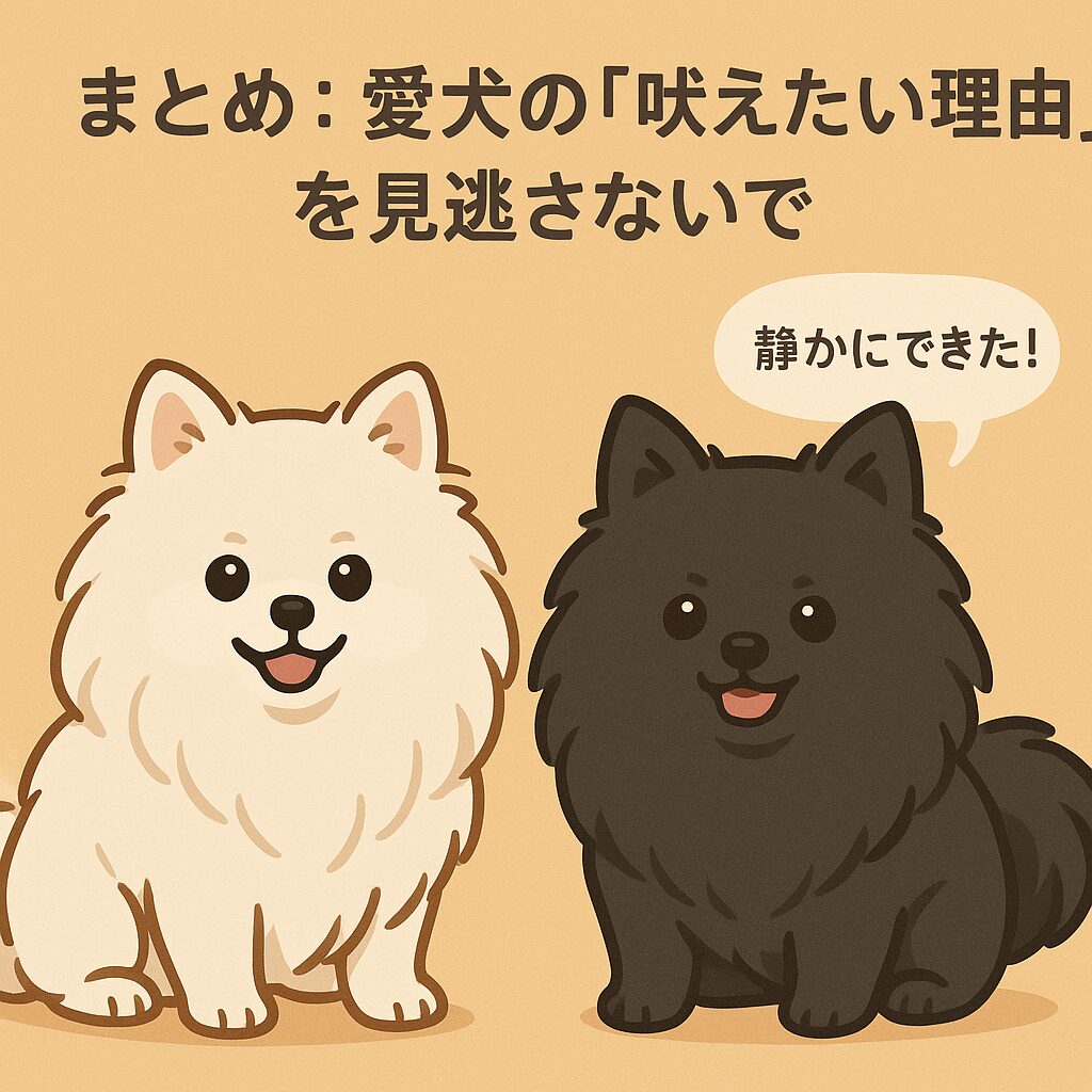 白いポメラニアンと黒いポメラニアンが並んで座るイラスト。「静かにできた!」と笑顔で伝えている可愛いイメージ。