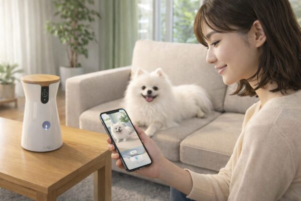 日本人女性がリビングで白ポメラニアンを見守りカメラで確認している様子