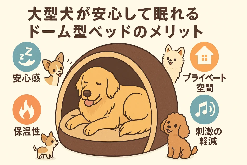 ゴールデンレトリバーがドーム型ベッドで休み、周囲に小型犬が覗く。安心感や保温性などのメリットをアイコンで示したイラスト。