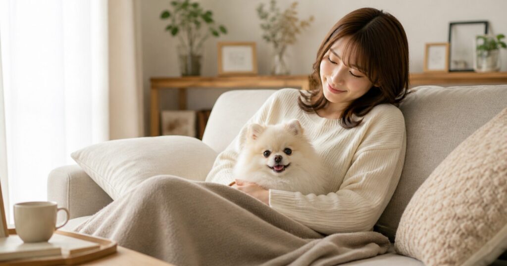 犬と一緒にソファでくつろぐ女性がリラックスしているナチュラルな生活シーン
