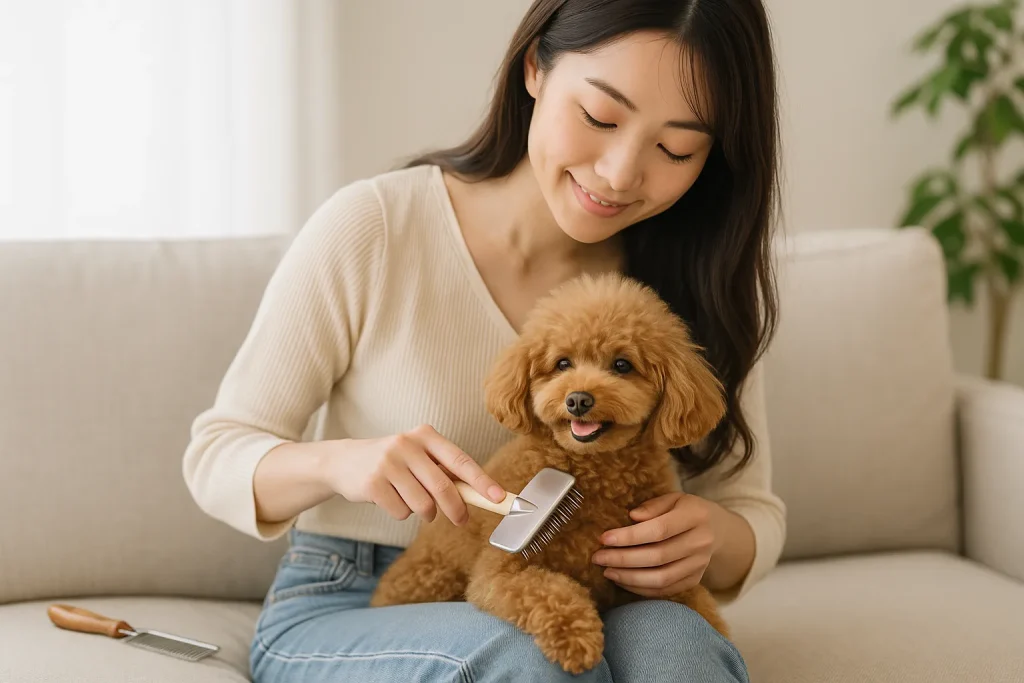 日本人女性がアプリコットトイプードルをソファでブラッシングする様子