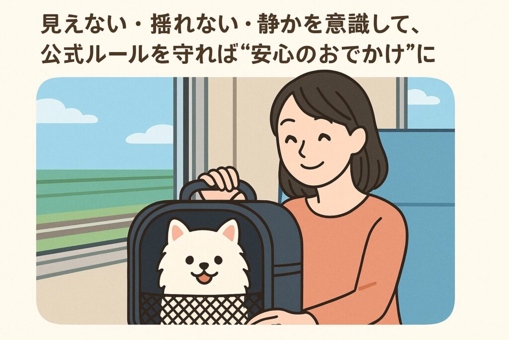 電車内で白ポメラニアン入りキャリーを持つ日本人女性が微笑むイラスト、窓の外に景色