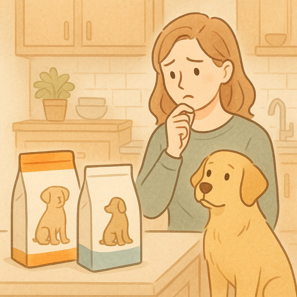 「ナチュラルなキッチンで、ドッグフードを前に悩む飼い主と愛犬のイラスト」