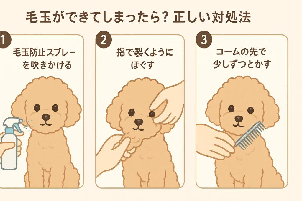 毛玉スプレー、指で裂く、コームでとかす手順イラスト