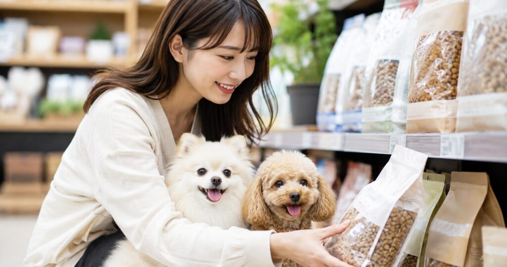 複数のドッグフードを比較しながら愛犬に合うフードを選ぶ飼い主