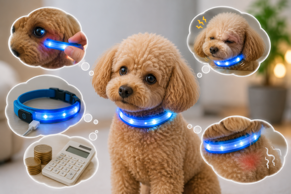 光る首輪をつけた犬と目への刺激や肌への負担などのデメリットをイメージした画像