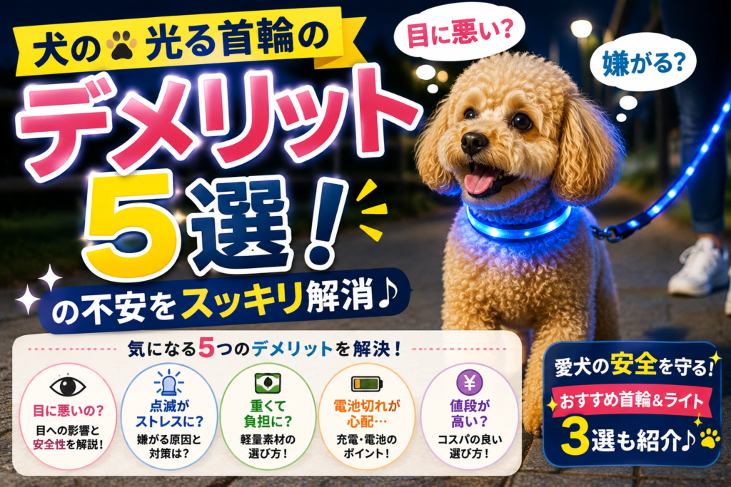 光る首輪をつけて夜道を散歩する犬と飼い主、犬の光る首輪のデメリット5選を紹介する画像
