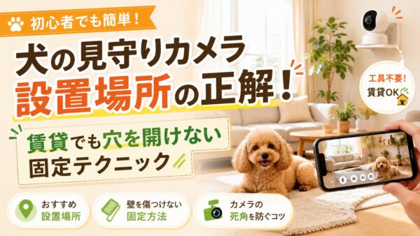 賃貸住宅で壁に穴を開けずに犬用見守りカメラを設置し、トイプードルを見守るアイキャッチ画像