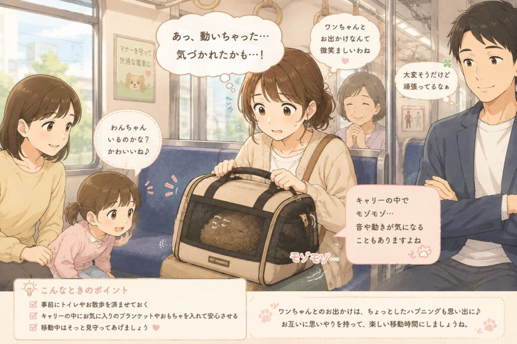 電車内で犬がキャリーバッグの中で動き焦る女性のイラスト