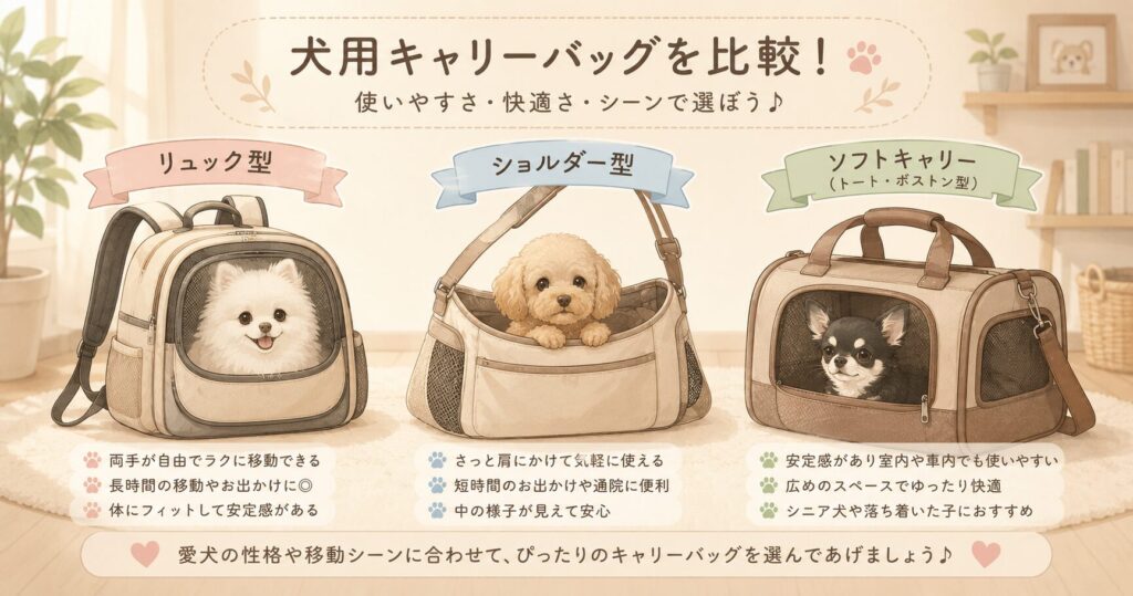 リュック型やショルダー型の犬用キャリーバッグを比較しているイラスト