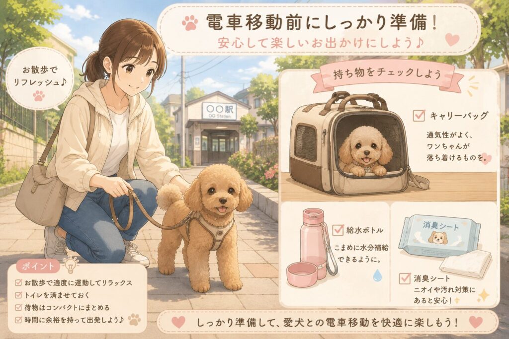 犬との電車移動前に散歩や荷物準備をしている女性のイラスト