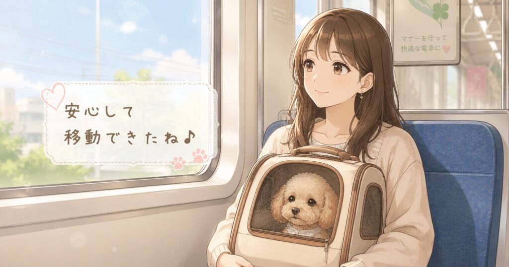 犬をキャリーバッグに入れて安心して電車移動する女性のイラスト