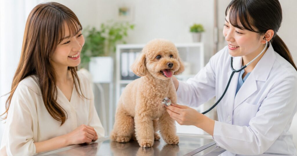 獣医師と飼い主が愛犬の消化器ケアについて相談している様子