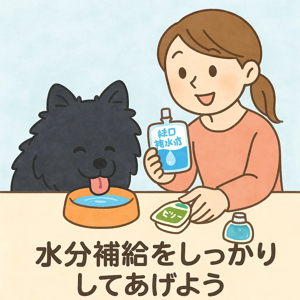 「水を飲む犬と経口補水液を準備する飼い主のイラスト」