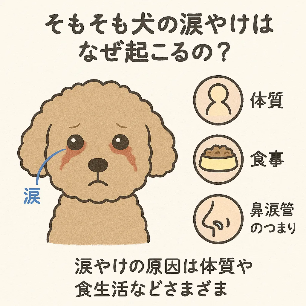 犬の涙やけの原因を解説する図解イラスト
