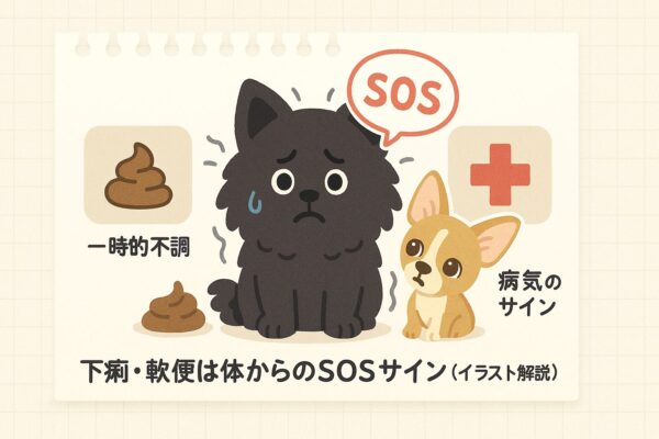 『黒ポメラニアンとチワワが下痢・軟便のSOSを伝える可愛い図解イラスト』