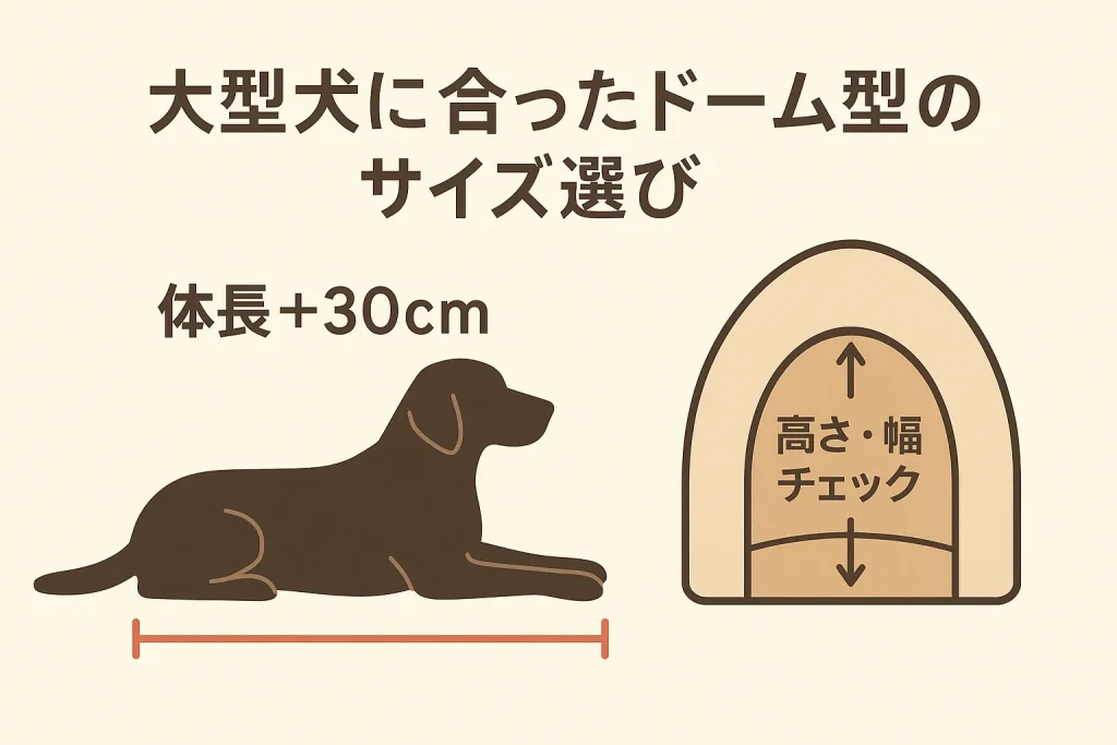 ラブラドールのシルエットに体長＋30cmと示し、ドームベッドの入口サイズもチェックする図解イラスト