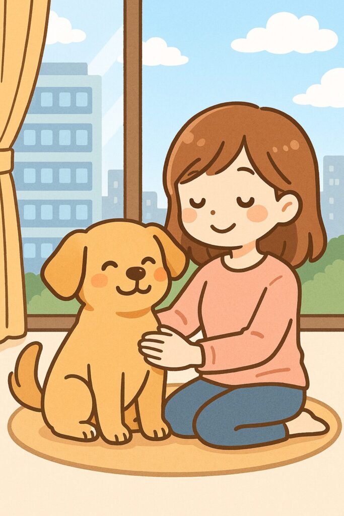 飼い主と犬が窓辺でリラックスしながら過ごす、幸せな高層マンション生活のイラスト