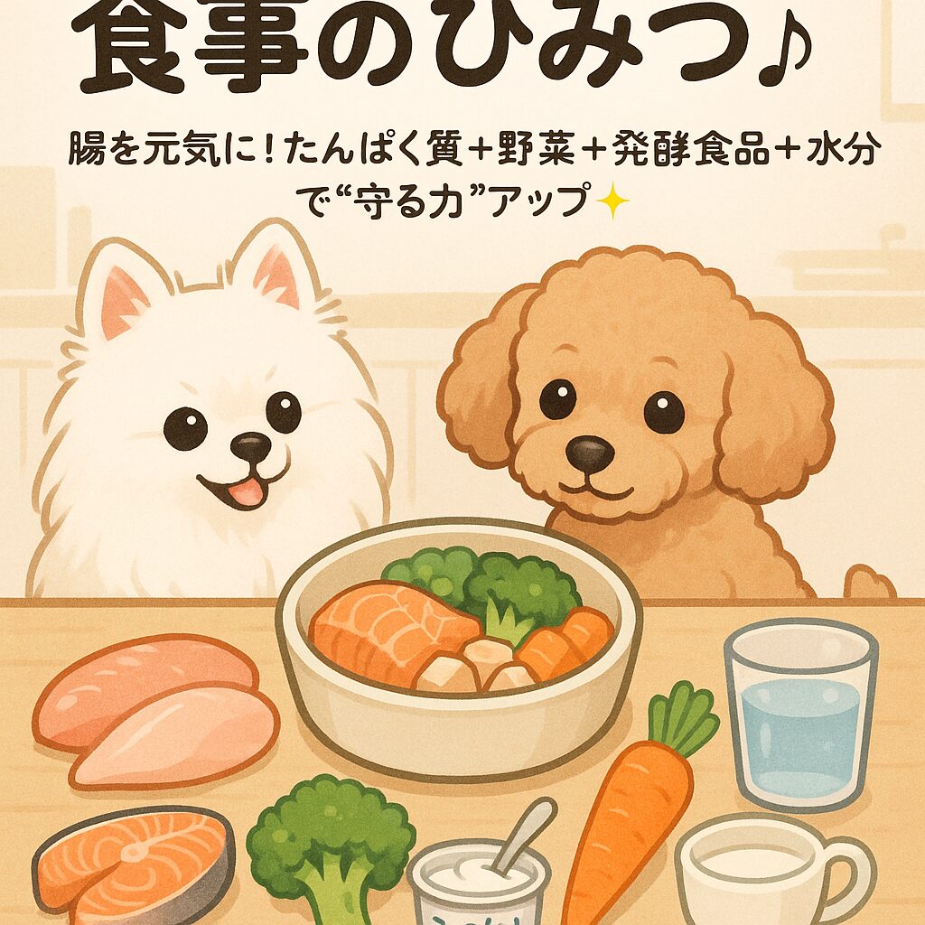 白ポメラニアンとアプリコットプードルがキッチンでごはんを見つめている可愛いイラスト。サーモン・鶏むね肉・ブロッコリー・にんじん・ヨーグルト・お水など、腸を整える食材が並ぶ。