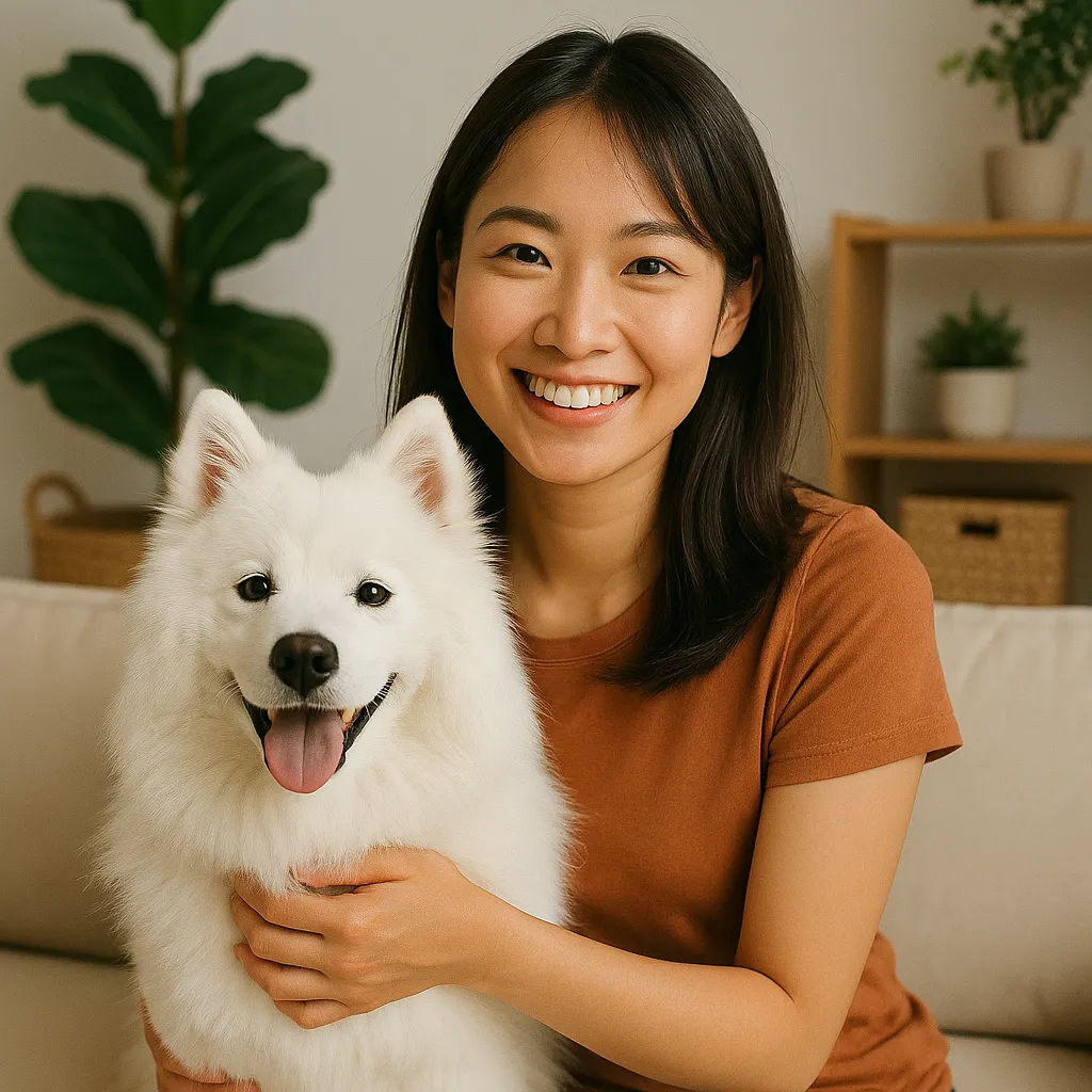 白い犬を抱きしめ、優しく笑顔を見せる日本人女性。愛犬が健康で幸せそうにしている様子の実写写真
