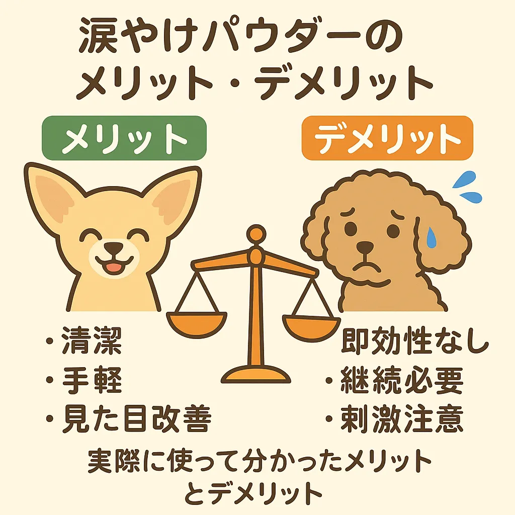 涙やけパウダーのメリット・デメリットを比較したイラスト