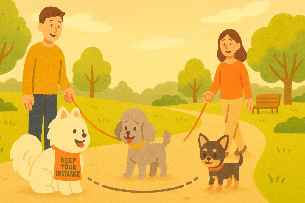 複数の小型犬(白ポメ・シルバートイプードル・チワワ)が穏やかな距離で過ごすイラスト