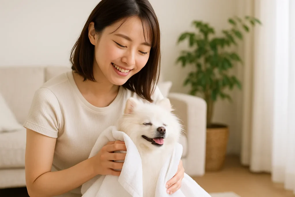 タオルで拭かれて気持ちよさそうにしている白ポメラニアンと日本人女性の実写風画像