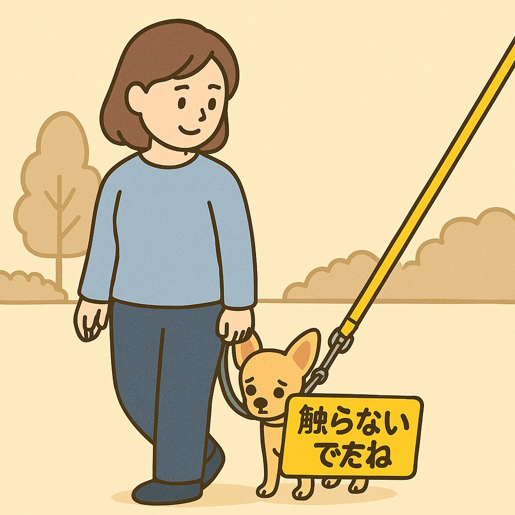 飼い主の足元で少し身を隠すチワワと「触らないでね」風のワッペンを描いたイラスト