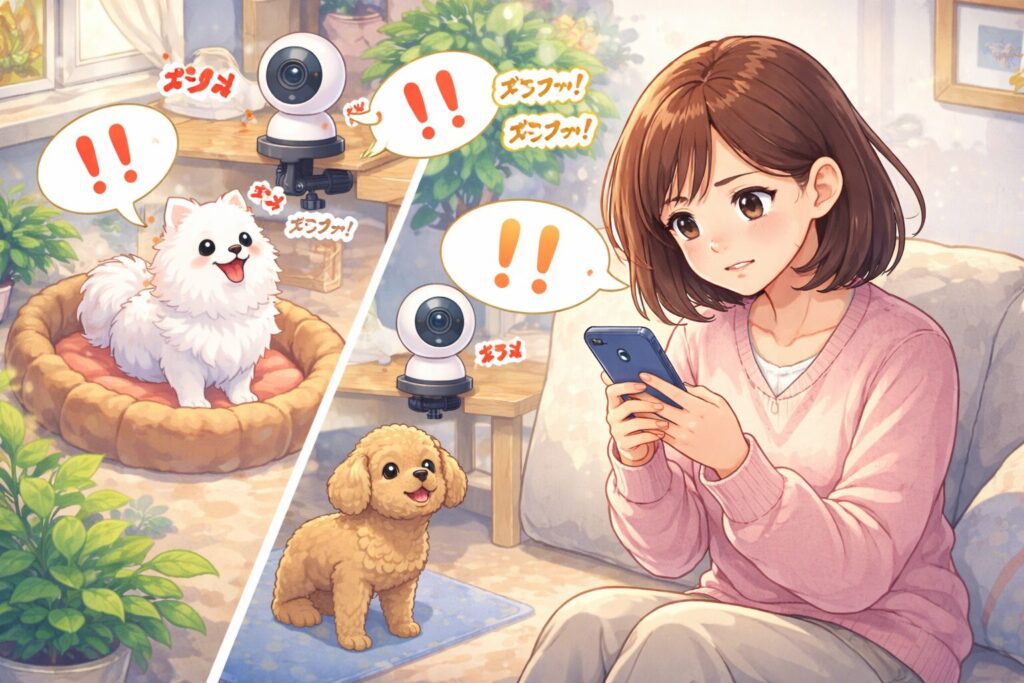 スマホの通知に困る日本人女性と白ポメラニアン、アプリコットプードルのイラスト