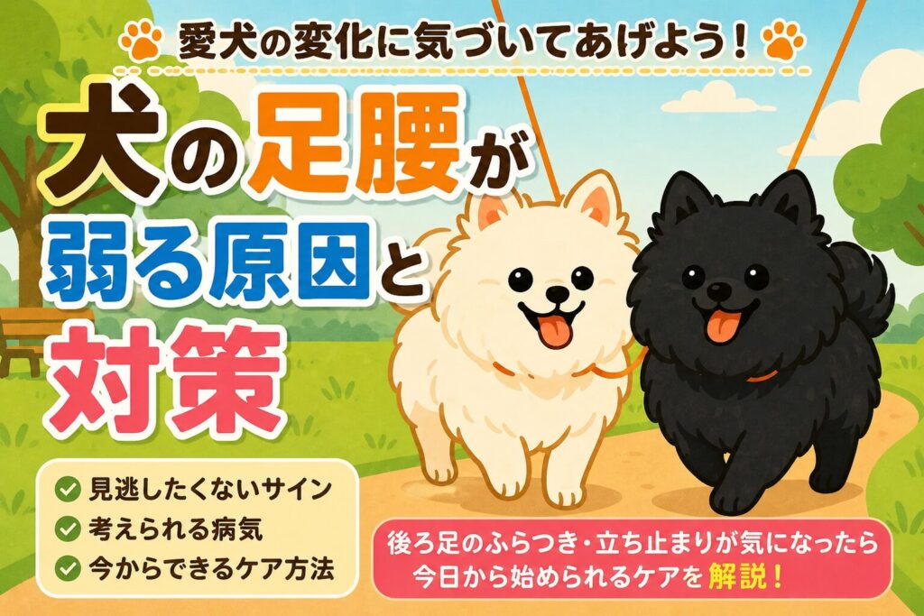 散歩中の犬の足腰の衰えや後ろ足のふらつきを解説するイメージ画像
