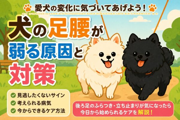 散歩中の犬の足腰の衰えや後ろ足のふらつきを解説するイメージ画像