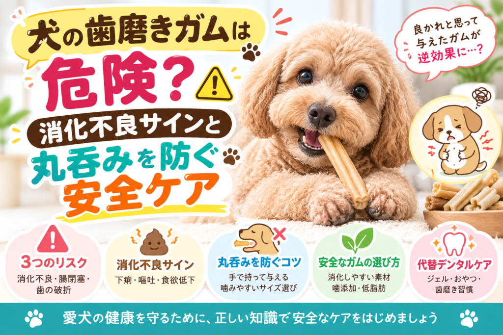 歯磨きガムを噛む犬と消化不良や丸呑みを防ぐ安全ケア