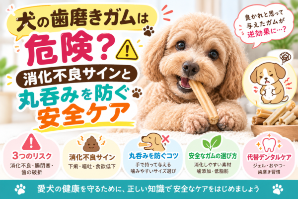 歯磨きガムを噛む犬と消化不良や丸呑みを防ぐ安全ケア