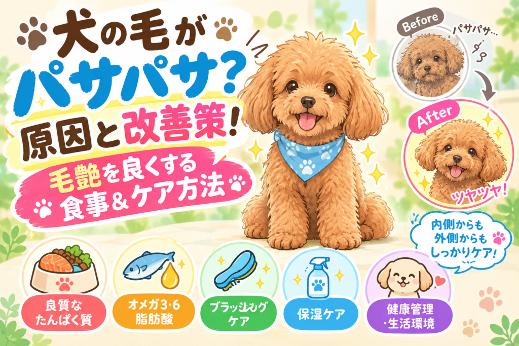 パサパサした毛と艶のある毛を比較した犬と食事・ブラッシングケアのイラスト
