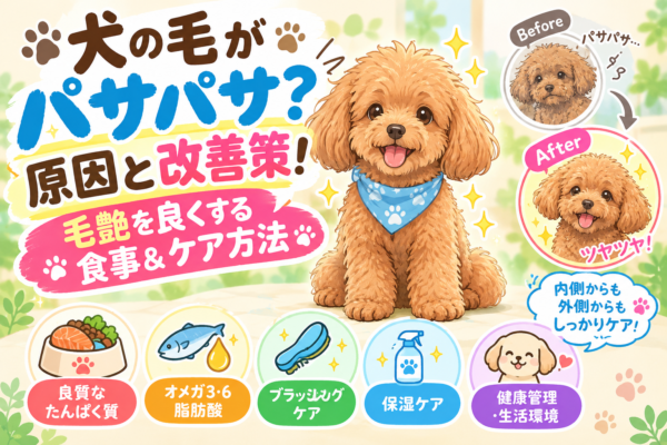 パサパサした毛と艶のある毛を比較した犬と食事・ブラッシングケアのイラスト