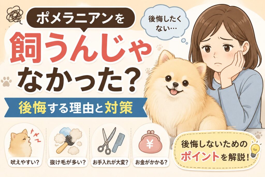 後悔そうな表情の飼い主とポメラニアンのイラスト。ポメラニアンを飼って後悔する理由や対策を紹介する記事のアイキャッチ画像。