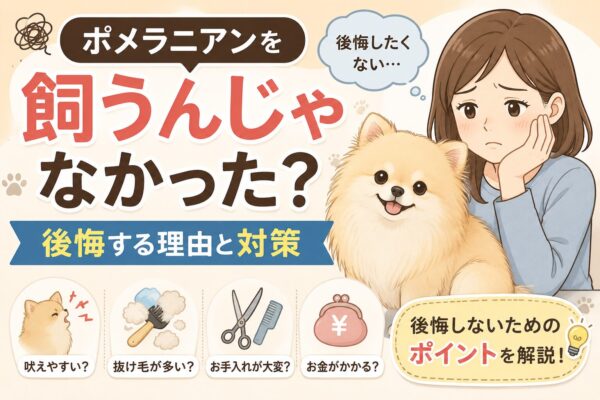 後悔そうな表情の飼い主とポメラニアンのイラスト。ポメラニアンを飼って後悔する理由や対策を紹介する記事のアイキャッチ画像。