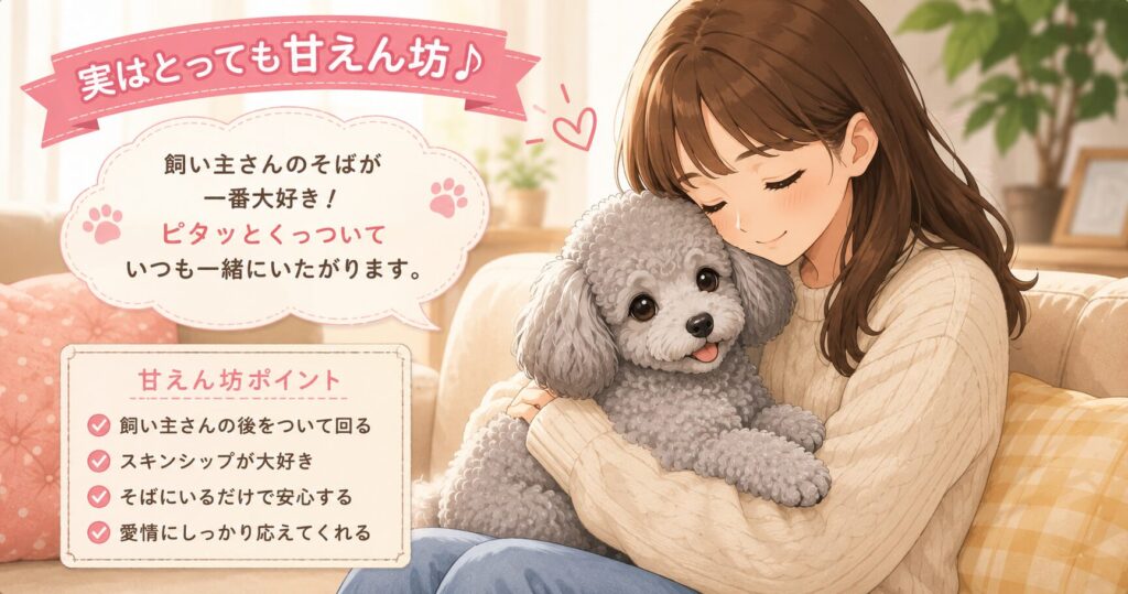 飼い主に寄り添って甘えるシルバートイプードル。愛情深く人が大好きな性格を表現。