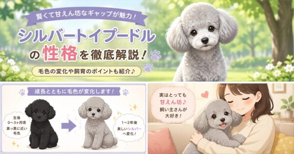 シルバートイプードルの成犬。知的で上品なシルバーの被毛が美しい。