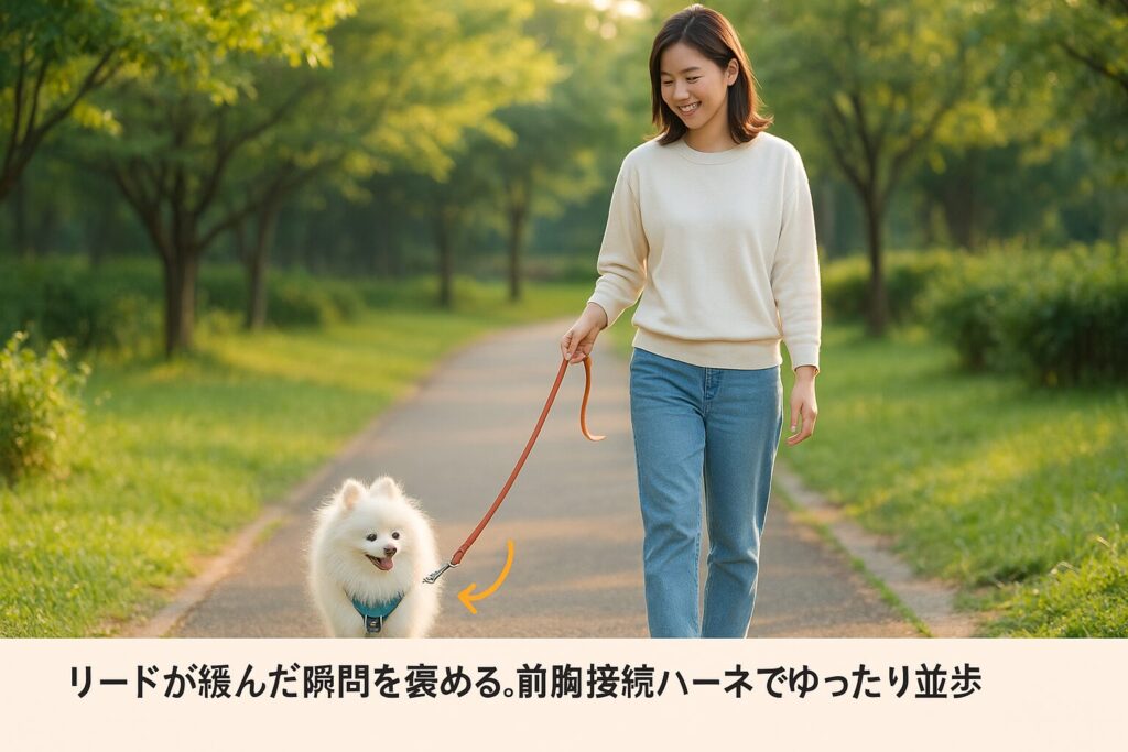 公園の小道で白ポメラニアンと日本人女性が並んで歩き、緩んだリードを見ながら微笑む実写風写真。女性は清潔感のあるカジュアル服。